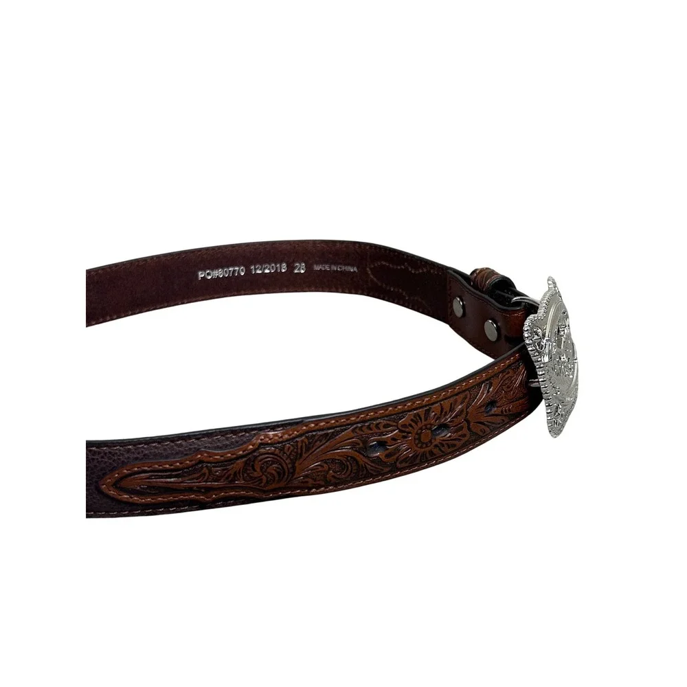 Nocona Western Belt Brown Leather Tooled Silvertone Longhorn Bull Buckle Size 28